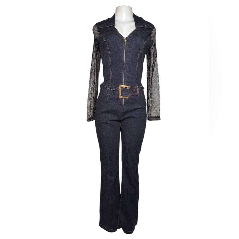 STUDIO F USA Denim & Mesh Jumpsuit XL Vintage Y2K Dark Wash Belted Sheer Sleeves